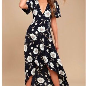 Navy blue floral print, high-low, wrap dress